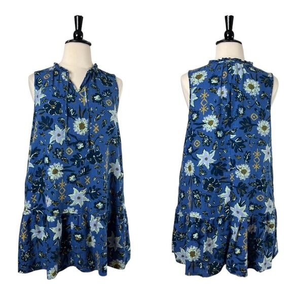 Sonoma Swing Dress Split Tie Neck Ruffle Hem Linen Blue Floral Women’s Size 0X - Picture 11 of 11